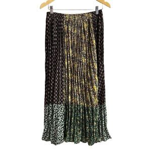 Vintage TRIO NY Peasant Pleated Patchwork Maxi Skirt Yellow Green,Black Size 8